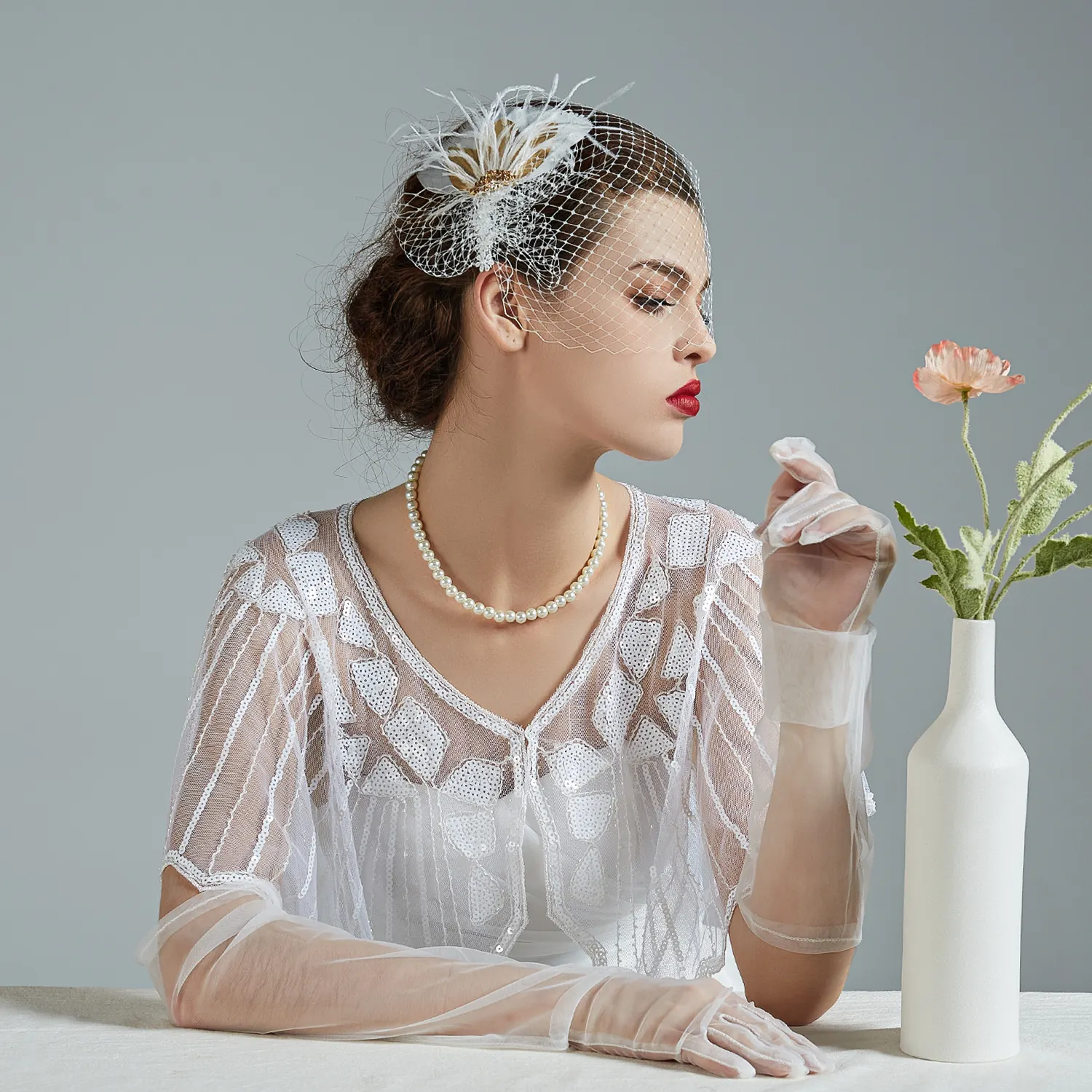 Bando pengantin wanita, hiasan rambut unik Aksesori pernikahan dengan tudung benang sutra