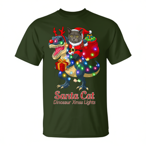 Santa Cat Riding Dinosaur <b>Xmas</b> Lights <b>T</b>-<b>Shirt</b> - Product Image 2