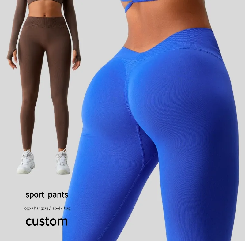 Popular espalda V cintura deportes Leggings Scrunched Buttock Push Up entrenamiento pantalones Logo personalizar mujeres gimnasio activo Yoga Leggings