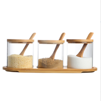 Ensemble de pots à épices en verre et bambou, salière et poivrière avec plateau et cuillère, boîte de rangement pour épices avec couvercle
