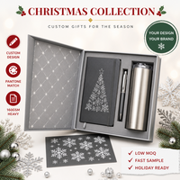 Coffret Cadeau d'Entreprise Personnalisé : Carnet A5 Rigide Gris Argenté à Motif Flocon de Neige Cousu, Stylo et Gobelet – 80