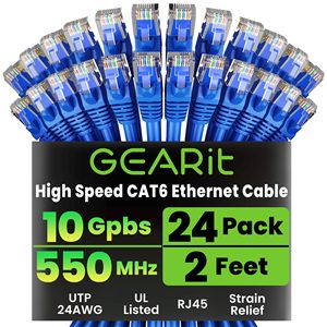 Câble Ethernet Cat 6 OEM ODM GEARit, <span class=keywords><strong>2</strong></span> pieds, bleu, lot de 24, câbles Ethernet Cat6 <span class=keywords><strong>2</strong></span> pieds, haute vitesse, 24AWG, 10 Gbps, <span class=keywords><strong>RJ45</strong></span> Sna - Product Image 1