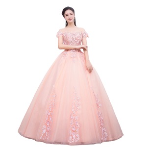 Off The Shoulder Floral Tulle Evening Dress Nude Pink Empire Waist Formal Gown For Wedding Party Coming Of Age Ceremony - Product Image 5