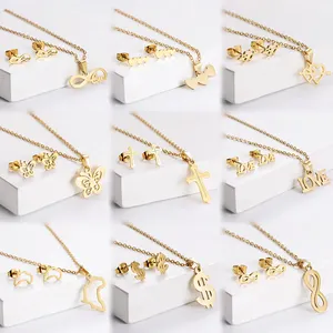 Fashion Jewelry Ins Wind Collar Bone Chain 18k Gold Stainless Steel Heart Butterfly Pendant Necklace And Earrings Set For Gift