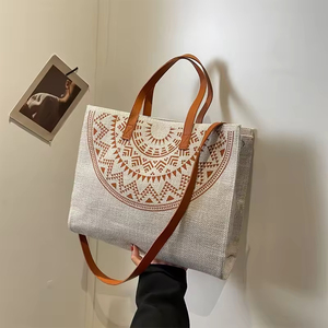 Sac fourre-tout en toile de grande capacité de style ethnique pour femmes, sac à main féminin tendance avec décoration en nœud, sac à fermeture éclair tendance - Product Image 5