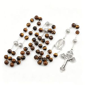 Bijoux religieux pour hommes, perles en pierre naturelle œil de tigre, chapelet catholique avec médaille de la Vierge Marie et croix de Jésus - Product Image 4