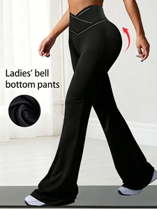High Waist Flared Leg Yoga <b>Leggings</b> Solid Black Contrast <b>Stitch</b> Four-Way Stretch Full Length Elastic Waist - Product Image 3