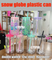 Canette en plastique à double paroi pour bière, pré-perforée, transparente, 12 oz à l'intérieur, 16 oz à l'extérieur, type globe à neige, pour enveloppes UV DTF, entrepôt USA