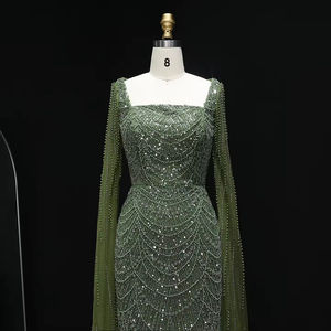 Gaun Malam Formal Jancember LSZ116 Slim Unik Warna Hijau Zaitun untuk Pesta Prom dengan Pola 3D Bulu Kristal Lipit - Product Image 3