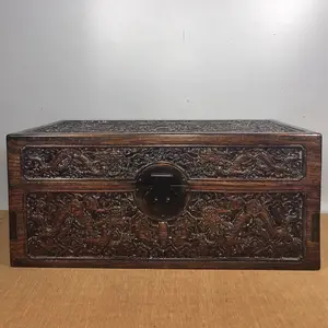 Antique wood ware old grass flower pear relief two dragons play beads wooden box storage box classical nostalgic old objects