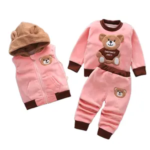 3 Peça Térmica Boy Vestuário Conjuntos de Veludo Pullover com Urso + Colete Com Capuz + Calças Crianças Roupas Meninos Quentes Inverno Outfit Meninas