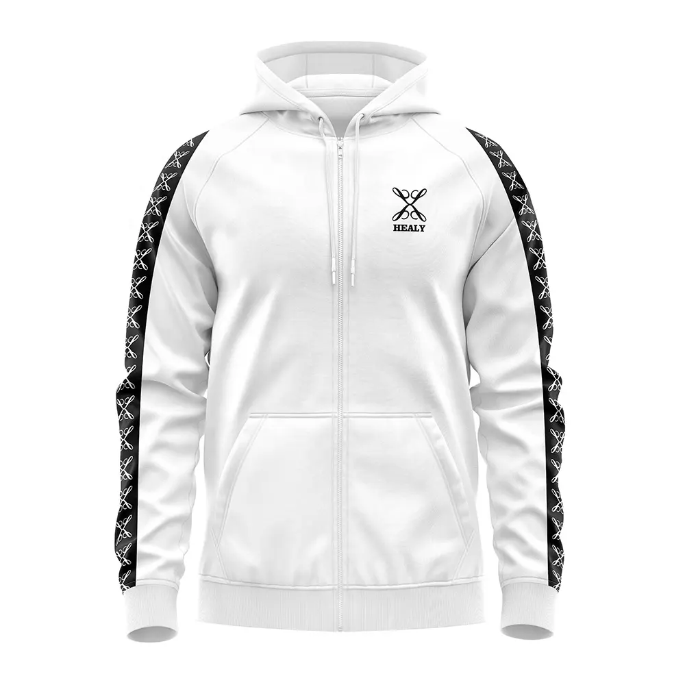 Yüksek kalite fit beyaz zip hoodie erkekler özel nakış fermuarlı kapüşonlu eşofman üstü kollu baskı logosu bant boru ile