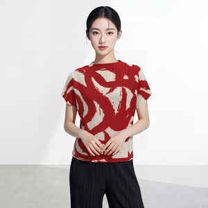 PY Women's Geometric Print Woven Cap Sleeve Stand Collar T-Shirt O-Neck Slim Fit Casual <b>Spring</b> Summer 100% Polyester Breathable - Product Image 4