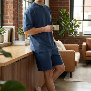 Solid Blue Cotton T-Shirt and Shorts <b>Set</b> Loose Fit O-Neck Short Sleeve Breathable Lightweight Men <b>Twin</b> <b>Set</b> High Street Style <b>Set</b> - Product Image 4