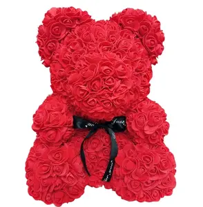 畅销40厘米人造玫瑰花熊带丝带泡沫花泰迪熊玫瑰情人节促销礼品