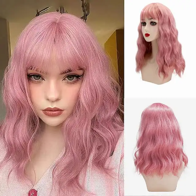 Loose Wave Blonde Short Bob Wigs With Air Bangs Shoulder Length Wig For Women Curly Wavy Synthetic Cosplay Wig for Girl Costume