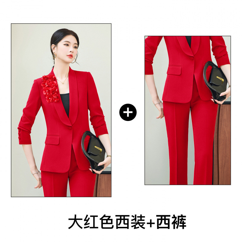 Bright red suit with flared trousers