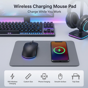 Tapis de bureau à chargement sans fil rapide 15W en cuir PU, tapis de souris, chargeur de téléphone, antidérapant, imperméable pour le bureau, la maison, iPhone, Samsung - Product Image 1