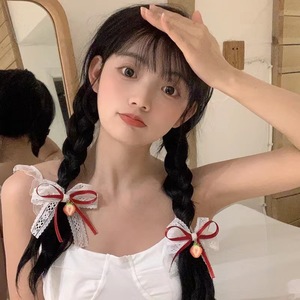 Sweet and charming Japanese and Korean style cherry fabric <b>bow</b> hair <b>clip</b> with double-layered lace and strawberry design. - Product Image 3