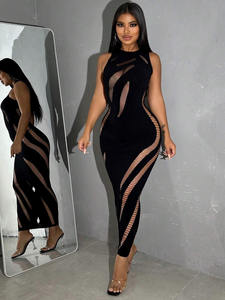 Q2901-2026 Nuovi Arrivi Abito Lungo Nero Sexy Senza Maniche Traforato Trasparente Aderente Vestito in Rete Bodycon da Donna - Product Image 3