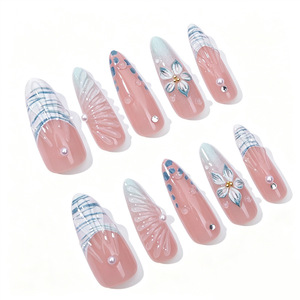 30Pcs Almond <b>Press</b> On Nails Blue <b>Flower</b> Pearl False Nail Tips Full Cover Artificial Fingernails For Manicure Wholesale - Product Image 2