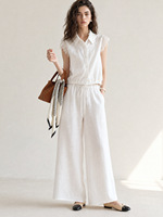 Pantalon large en lin pur pour femme, taille haute élastique avec cordon de serrage, décontracté, ample et respirant, blanc, pour l'été et le quotidien
