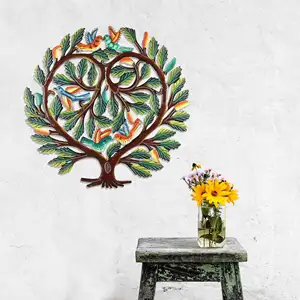 24" Recycled Hand-Painted Haitian Metal Wall Art Tree of Life, Heart