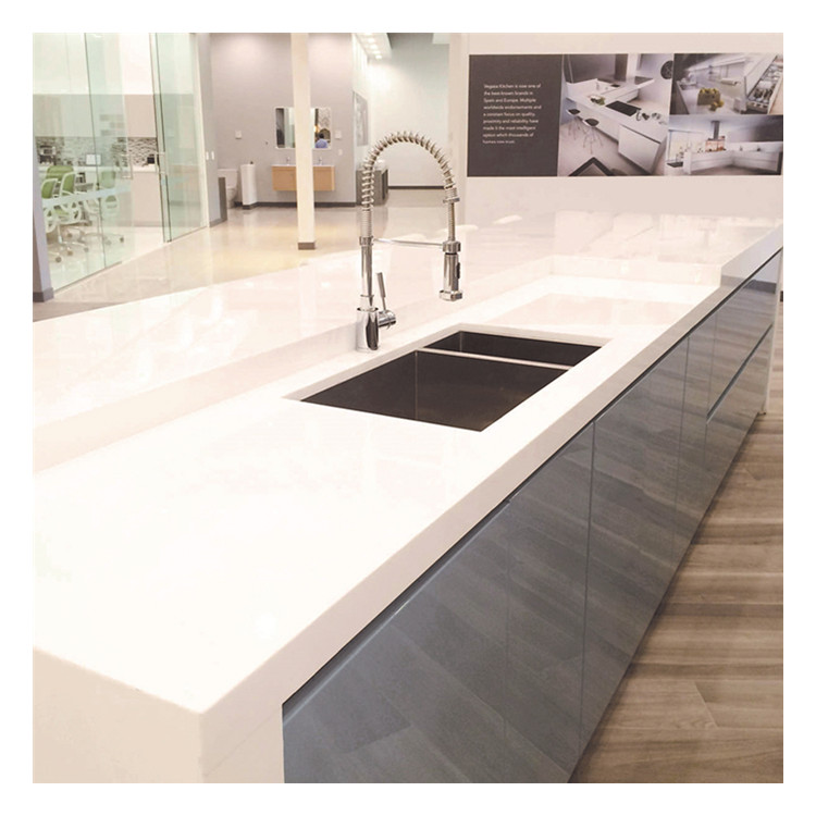 Pure White Epoxy Resin White Quartz Stone Encimera de Cocina Kitchen Countertops with Built In Sink