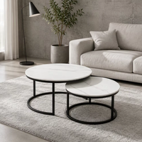 Ensemble de tables basses gigognes modernes et minimalistes, table basse ronde en pierre frittée, structure métallique, mobilier de salon