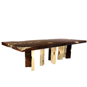 Mesa de Comedor Rectangular de Nogal Negro con Estructura de Acero Inoxidable Dorado Pulido para <span class=keywords><strong>Restaurante</strong></span> de Villa, Muebles de Comedor de Alta Gama - Product Image 5
