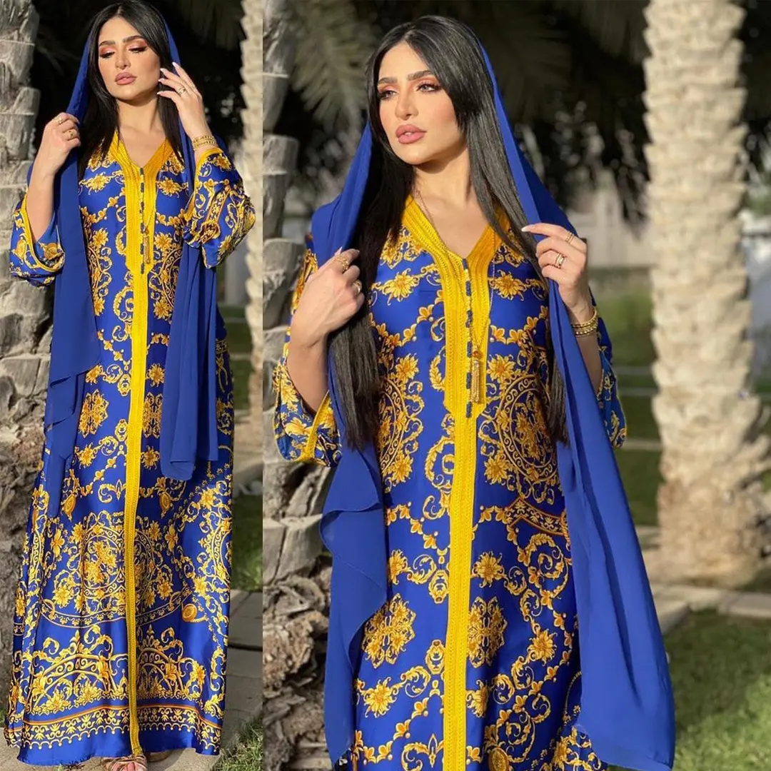 2158 kuwii Dubai shopping online medio oriente abbigliamento donna sud-est asiatico blu moda stampa musulmana fantasia abaya