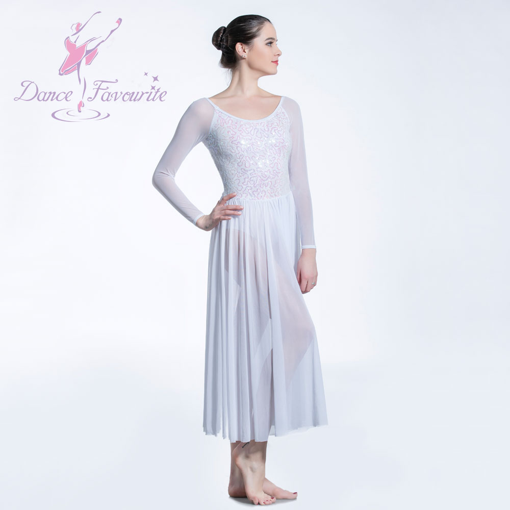 Long Sleeve White Ballet Dress for Lyrical & Contemporary Dance Performance  - Ideal Stage Wear for Girls