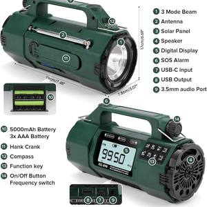 רדיו רב-תכליתי 5000 מיליאמפר/שעה עם ידית סיבוב, אנרגיה סולארית, רמקול מובנה, פנס נייד עם USB, סוללת גיבוי, פלסטיק, חדש - Product Image 2