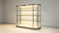 Luxuriöse Gebogene Glas-Schmuckvitrine mit Gebürstetem Edelstahlrahmen und LED-Beleuchtung - Umweltfreundlich mit Anpassbaren Farben zur Präsentation
