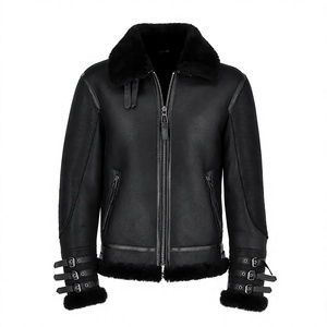 Veste de moto en cuir véritable noir pour homme, col rabattu, fermeture éclair, coupe ajustée, doublure en fausse fourrure, style hiver - Product Image 1