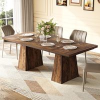 Table à manger rectangulaire en noyer de 63 pouces avec deux pieds géométriques en bois massif, imperméable et résistante aux rayures pour la maison.