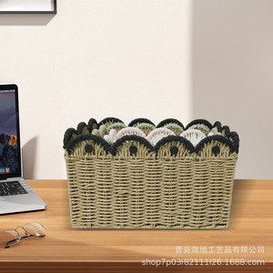 Woven <b>Storage</b> <b>Basket</b> Rectangle Khaki With Black Trim Handmade For Snacks Fruits Bathroom Laundry - Product Image 1