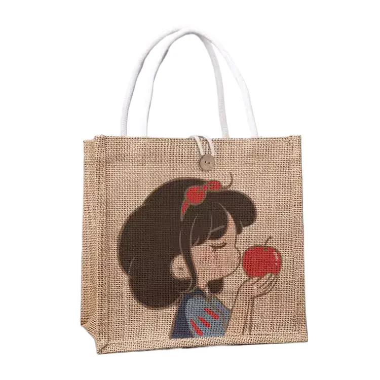 Retro style linen tote bag with wooden button jute eco-friendly handle shopping bag