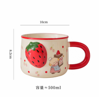 Mug à café en céramique 500 ml, motif fraise gaufrée et peinte à la main, avec ours et lapin de dessin animé, tasse à eau en porcelaine pour la maison, le bureau ou comme cadeau
