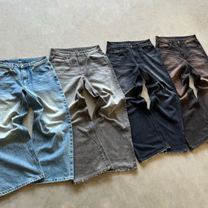 Đau Khổ Tùy chỉnh cao Eo Nút đóng cửa cổ điển rửa Baggy Jeans của nam giới tách denim ngăn xếp loe jeans unisex - Product Image 1