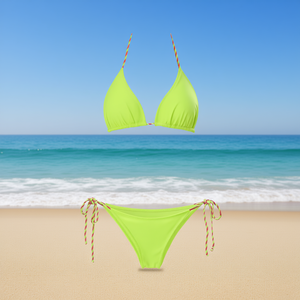 Costume da bagno bikini HDJ verde neon con laccetti laterali e allacciatura al collo, elasticizzato, tinta unita, taglie 40 42 44 46 - Product Image 2