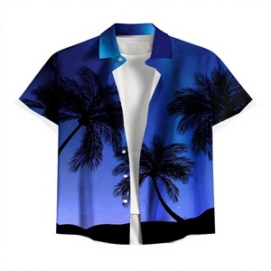 Chemise Hawaïenne Homme à Imprimé Palmiers Tropicaux, Manches Trois-Quarts, Col Boutonné, Respirante, Anti-Boulochage, Style Vacances d'Été en Satin - Product Image 1