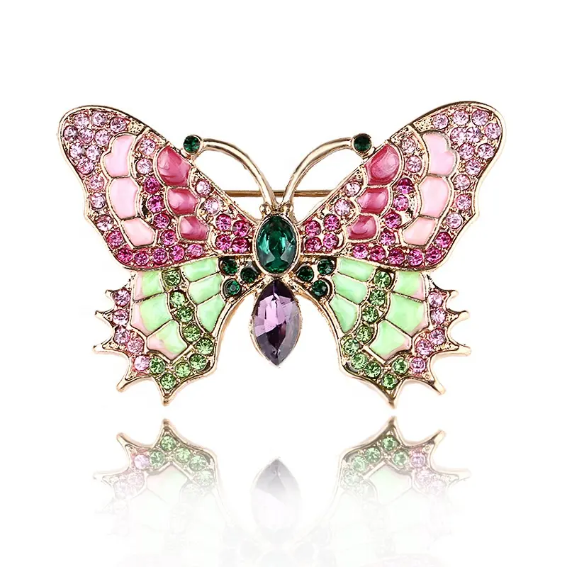 2024新しい安いエナメルカラフルな蝶合金ブローチピンクの動物のピンジュエリー女性のラインストーン昆虫ドレススーツブローチ