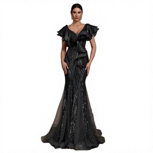 Nuevo Vestido de Fiesta de Graduación Elegante con Tirantes Finos, Lentejuelas, Volantes, Cachemira, Moderno, Largo hasta la Pantorrilla, Cuello en V, Espalda Descubierta, Estilo Sirena, Lujoso - Product Image 2