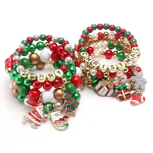 Лидер продаж, Зеленый Красный ABS жемчуг, бисер, снежинка, Санта-Клаус, Мультяшные шармы, Детские очаровательные рождественские браслеты ручной работы