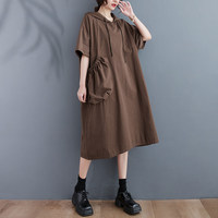 Nouvelle Robe Midi à Capuche pour Femme 2026, Couleur Unie, Grande Taille, Coupe Ample, Jupe Évasée, Poches, Manches Courtes, Style Minimaliste d'Été, Vente en Gros