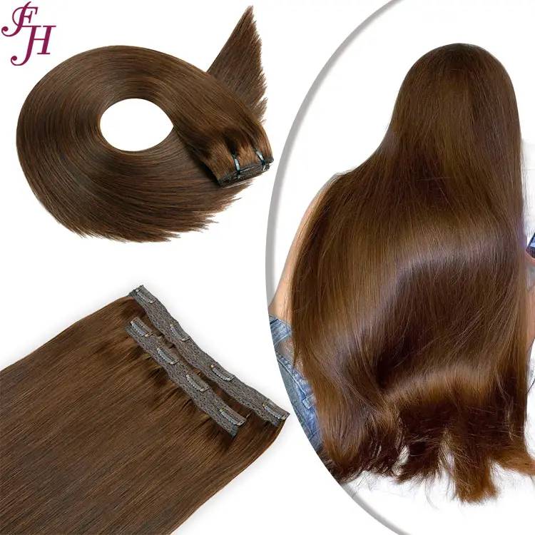 FH Hair Extensions Clip In human Natural Hair #4 Dark Brown Double Drawn Seamless Clip In Human Hair Extension