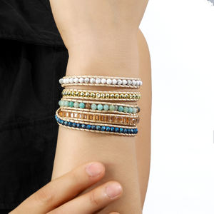 צמיד המטיט עור נשים עור המטיט בעבודת יד 5 גדילי אבן טבעית קריסטל זכוכית פנינה 5 צמידים לעטוף - Product Image 5