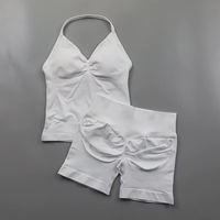 Ensemble de yoga 2 pièces sans couture pour femme, débardeur rembourré à col halter et short froncé rehausseur de fessiers, léger, pour l'été et le sport