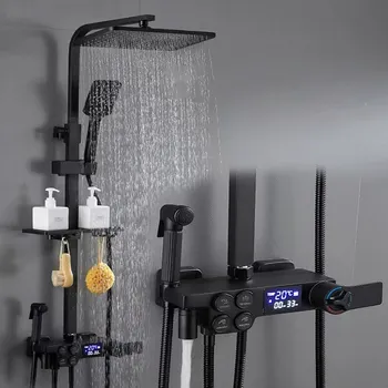 SYW 4 funzione nero digitale termostatico rubinetto della doccia Set a pioggia vasca da bagno rubinetto con mensola del bagno